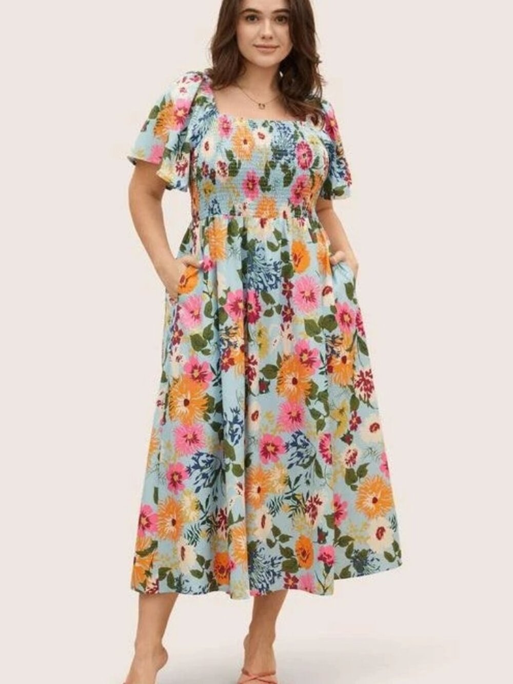 BloomChic Plus Size Floral Backless Shirred Square Neck Pocket Ruffle Hem Dress